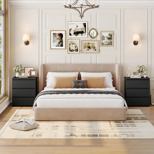 Miniatura 2 de FOTOSOK Mesita de noche negra con 3 cajones, mesita de noche negra para dormitorio con asa recortada, mesa auxiliar de sofá con 3 cajones