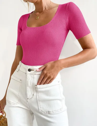 Miniatura 7 de ZESICA Camisetas de manga corta con cuello cuadrado para mujer, ajustadas, de verano, de punto acanalado, básicas, casuales
