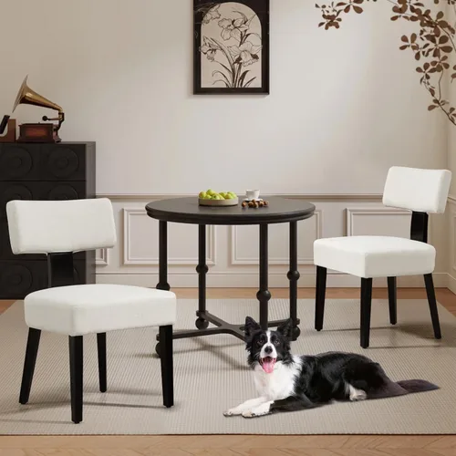 Miniatura 12 de Juego de 4 sillas de comedor, sillas de cocina de tela tapizada en madera, silla acolchada de lino sin brazos con respaldo curvo acentuado