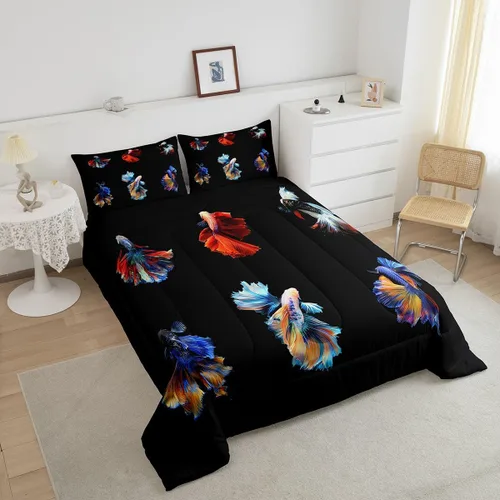 Miniatura 3 de Betta - Juego de ropa de cama de peces siameses coloridos de lucha contra el agua, juego de edredón de animales submarinos para niños y adultos