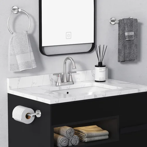 Miniatura 7 de Hurran - Grifos de baño para fregadero de 3 agujeros, grifo de fregadero de baño de níquel cepillado de 4 pulgadas con mangueras de drenaje 2