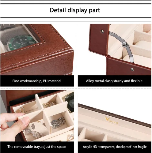 Miniatura 5 de Voova Joyero organizador de cajas de reloj para hombres y mujeres 2 capas grandes de 12 ranuras de piel sintética estuche de almacenamiento