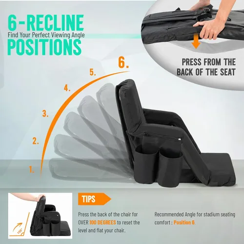 Miniatura 2 de Overmont Asiento de Estadio con Soporte para la Espalda - Cojín Acolchado de 2.8'' Reclinable de 6 Posiciones Asiento de Gradería con Ganchos Dobles