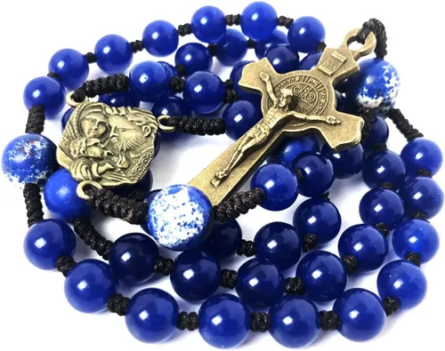 Miniatura 2 de Juego de pulseras de rosario y rosario de cordón de piedra arenisca y jade azul de santa familia - Pulsera de ojo de tigre para hombre - Rosario