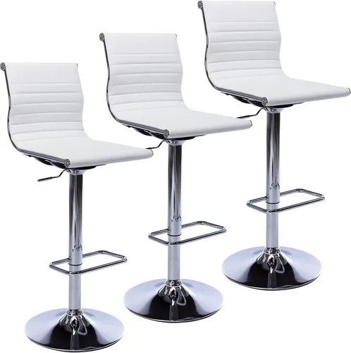 LZAREAL Juego de 3 taburetes de bar de metal ajustables en altura, taburete moderno de piel sintética blanca sin brazos con base cromada para isla