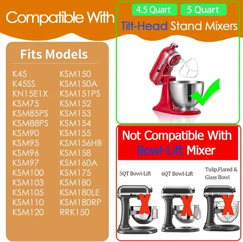 Miniatura 2 de Batidor plano revestido K45B de repuesto para batidora de pie Kitchenaid, compatible con mezclador de soporte de cabeza inclinable de 4.5 cuartos