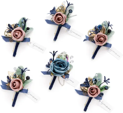 Miniatura 55 de Ling's Moment Boutonniere para Hombres Boda, Juego de 6, Novio y Padrinos Boutonniere para Boda Regreso a Casa Halloween Ceremonia Aniversario, Cena