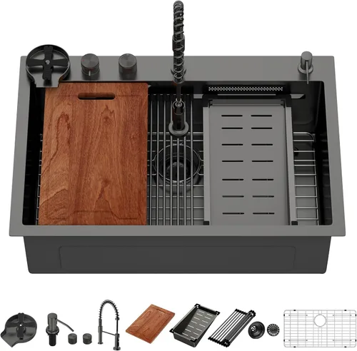 Miniatura 26 de Lordear - Fregadero de barra – Fregadero de barra dorado de 13 x 15 pulgadas con grifo dispensador de jabón, estación de trabajo, calibre 16 T304