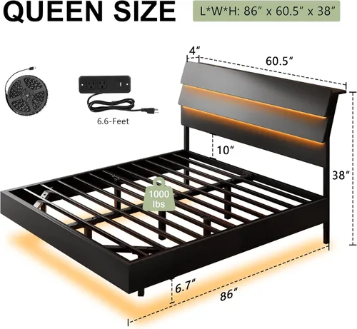 Miniatura 2 de Feonase Base de cama flotante tamaño Queen con luces LED y estación de carga, base de cama de madera tamaño Queen con cabecero de almacenamiento