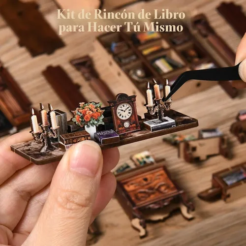 Miniatura 8 de KERNOWO Kit de Rincón de Libros, Rompecabezas de Madera 3D DIY para Adultos, Adolescentes y Principiantes, Kit de Casa Miniatura en Miniatura