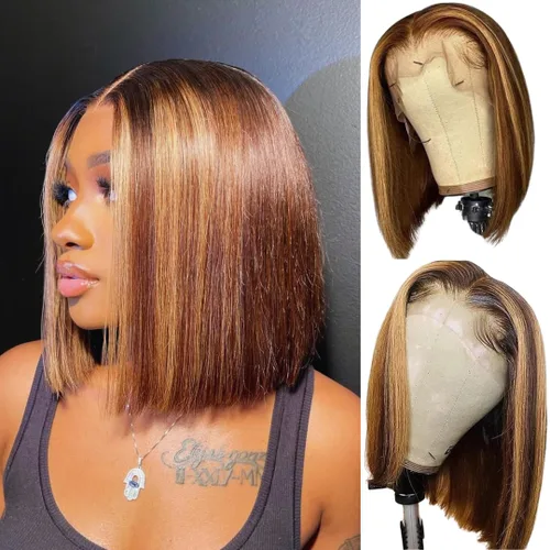 Miniatura 33 de ALHER Pelucas de cabello humano con encaje frontal de gorra pequeña #4/27 rubio miel con reflejos, pelucas de encaje frontal de 13 x 4 con cabello