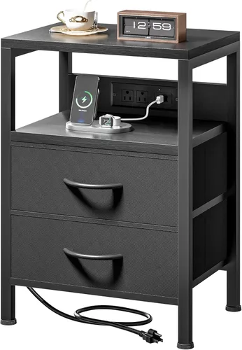 Lazzanto Mesa de Noche Mesita de Carga para Dormitorio - Mesa de Noche con Estación de Carga, Mesita de Noche Moderna con Estante Abierto y 2
