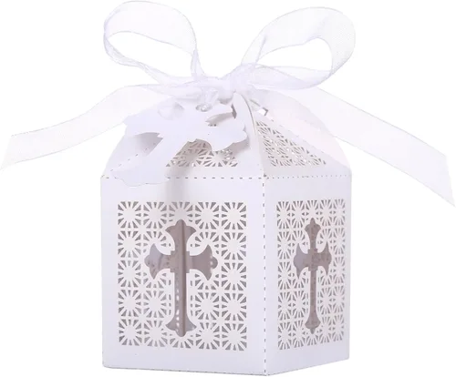 LEMESO Paquete de 50 cajas de regalo de bautismo cortadas con láser de 2 x 2 x 3 pulgadas, pequeñas cajas de regalo blancas con líneas de plegado
