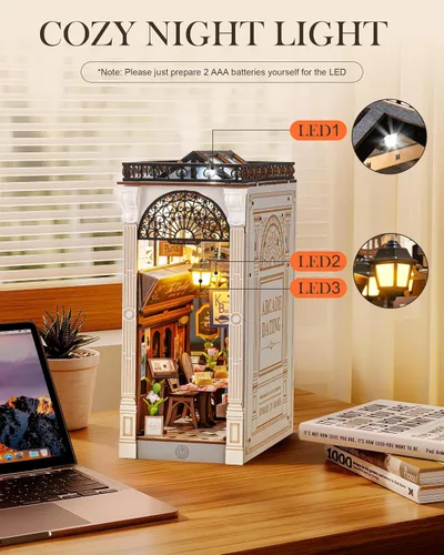 Miniatura 3 de Rolife - Kits de manualidades para rincón de lectura DIY para adultos, kit de casa de muñecas en miniatura, rompecabezas de madera 3D, estantes