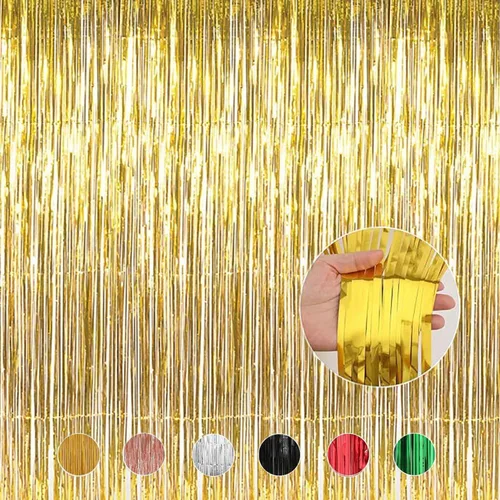 Paquete de 4 cortinas de flecos de papel de aluminio dorado, telón de fondo metálico brillante para decoraciones de fiestas, reutilizables y