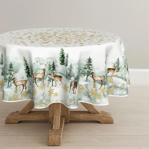 Horaldaily Mantel de Navidad redondo de 60 x 60 pulgadas, ciervos nevados dorados, cubierta de mesa lavable para decoración de fiestas, pícnic, cenas