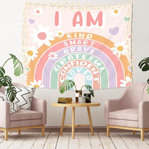Miniatura 6 de Imirell Tapiz bohemio con citas positivas de arco iris, 59 pulgadas de ancho x 51 pulgadas de alto, palabras motivacionales inspiradoras para niños