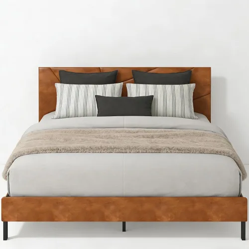 Miniatura 8 de Estructura de cama con plataforma tapizada de tamaño completo con cabecera acolchada de piel sintética, soporte de listones de metal resistente,