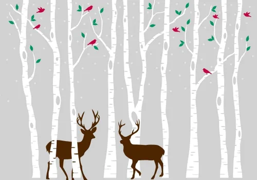 Miniatura 8 de Innovative Stencils Calcomanía de vinilo de abedul para pared, bosque con pájaros de nieve y ciervos, extraíble (9 árboles) #1161