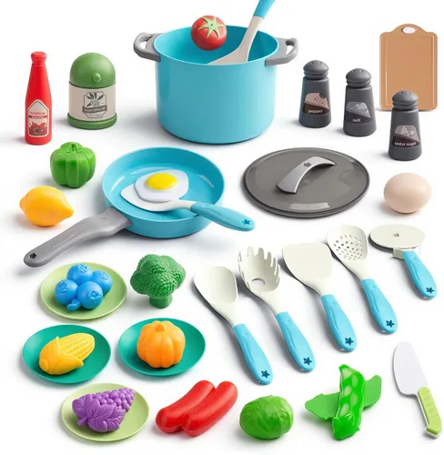 Miniatura 10 de Juego de 90 accesorios de cocina, cocina de simulación con ollas, sartenes, utensilios de cocina, alimentos, frutas, verduras, cestas de Rosa