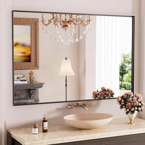 Miniatura 28 de Espejo de baño LED de 60x36 pulgadas con marco negro, espejos de baño retroiluminados y con luz frontal para pared, antiempañamiento, regulable