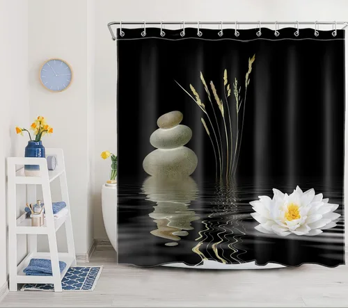 Miniatura 13 de LB Cortina de ducha asiática de piedra zen, cortina de ducha japonesa para baño, cortinas de baño de tela negra de 48 x 72 pulgadas con ganchos
