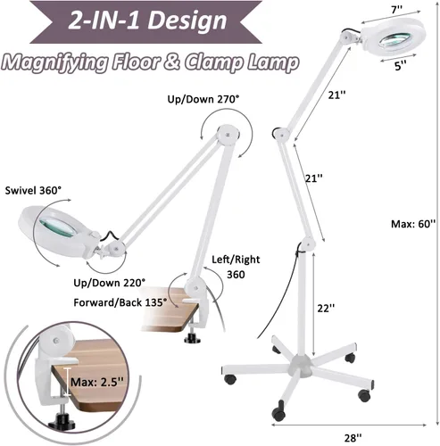 Miniatura 5 de Veemagni Lupa superbrillante de 2,200 lúmenes, lupa de 15X con luz y soporte, lámpara de pie con base rodante de 5 ruedas para tratamientos faciales
