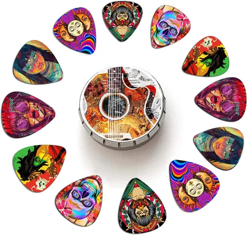 Miniatura 2 de Paquete de 12 púas de guitarra medianas con soporte de púas de cuero y caja de lata, púas de celuloide artísticas únicas para bajo, guitarra