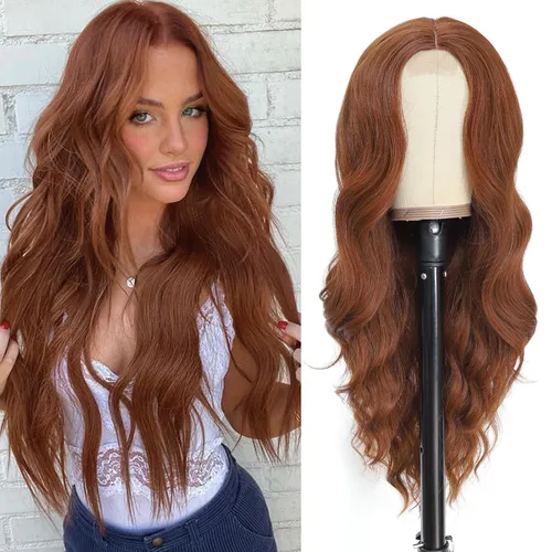 Miniatura 42 de NAYOO Pelucas marrones con flequillo para mujer, pelucas de cabello largo y ondulado, resistentes al calor, pelucas de fibra sintética para uso