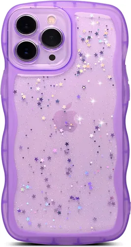 Miniatura 19 de Qokey Funda para iPhone 12 Pro Max de 6.7 pulgadas, diseño de onda rizada, borde transparente, brillante con purpurina, estrella brillante, bonita