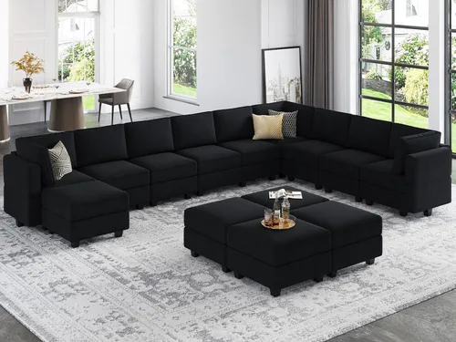 Miniatura 11 de Belffin Sofá modular modular con asiento de almacenamiento, sofá en forma de U de gran tamaño, sofá modular de terciopelo con terciopelo otomano