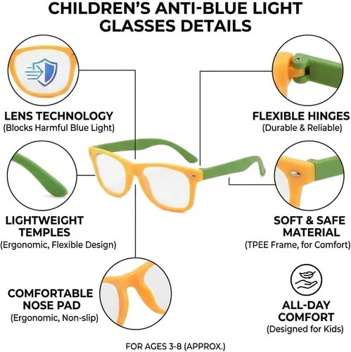 Miniatura 3 de Lentes rectangulares digitales con bloqueo de luz azul para niños y niñas de 5 a 12 años Amarillo