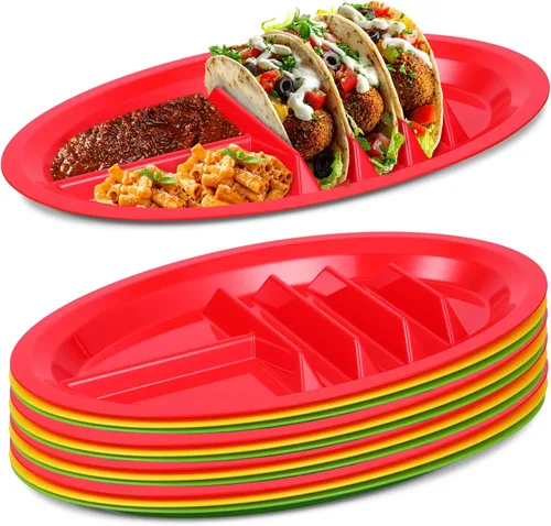 Miniatura 7 de Paquete de 12 platos coloridos de plástico para tacos, soporte reutilizable para tacos con divisores para 3 tacos y 2 áreas de inmersión, sin BPA