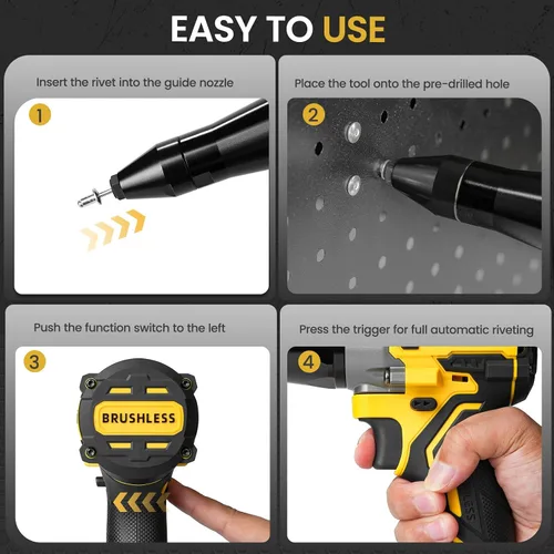 Miniatura 8 de Mayoki Pistola de remache inalámbrica compatible con batería de 20 V 60 V MAX (solo herramienta), herramienta de remache sin escobillas eléctrica
