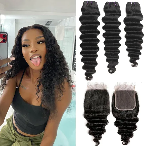 Miniatura 9 de Paquetes de cabello brasileño suelto de onda profunda con cierre, 3 paquetes y cierre de cabello humano de 10, 12, 14+10 pulgadas, 100% sin