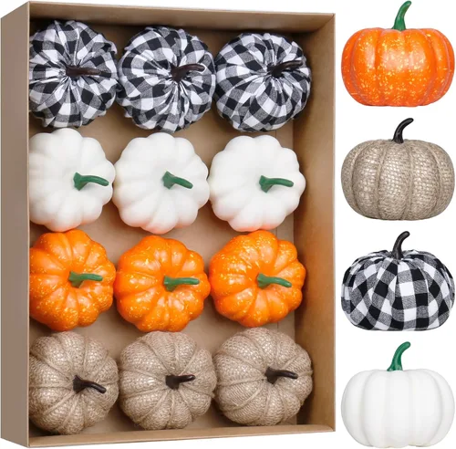 Super Holiday 12 calabazas artificiales, 4 colores de espuma de imitación de calabazas decorativas para otoño cosecha, fiesta temática de boda,