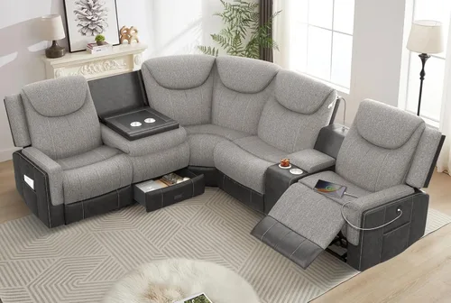 Miniatura 16 de Dresegmt Sofá reclinable, 2 vías multifunción manual de 3 plazas con portavasos, almacenamiento y puertos USB, moderno sofá multifuncional, sofá