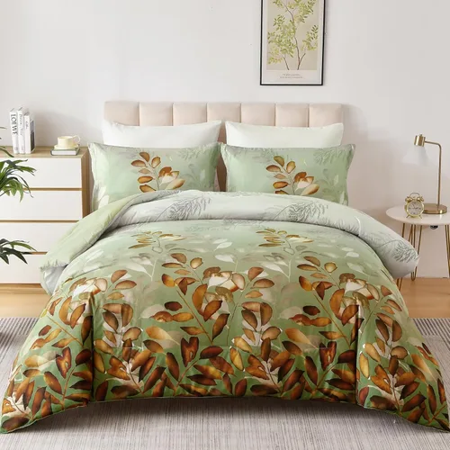 Miniatura 15 de DJY Juego de edredón de color morado, tamaño King, edredón de hojas botánicas para cama King, juego de edredón reversible floral de 3 piezas, juego