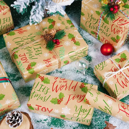 Miniatura 2 de Rollo de papel de regalo de Navidad, rollo de papel kraft vintage, 17 pulgadas x 49 pies, copos de nieve, hojas/bayas de acebo, papel de regalo