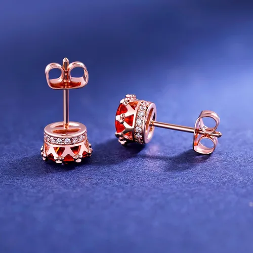 Miniatura 29 de MDFUN Aretes chapados en oro rosa para mujer, 0.236 in, corona brillante redonda, piedra natal, regalo de cumpleaños