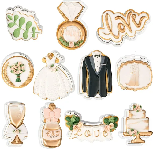 Juego de 11 cortadores de galletas de amor con sello 3D de ácido poliláctico (PLA) para cocina, pastel, vestido de boda, formas de anillo de amor