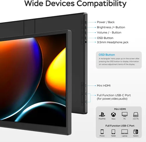 Miniatura 6 de WGK Monitor portátil de 14 pulgadas FHD1200P ultradelgado para monitor de laptop, USB-C HDMI Plug&Play, monitor externo 100% SRGB, pantalla