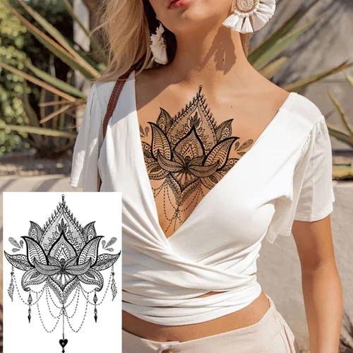 Miniatura 4 de Tatuajes de henna -20 hojas de tatuajes temporales de flores Diseño de encaje de flor de henna pegatinas de tatuaje impermeables para mujeres, Negro