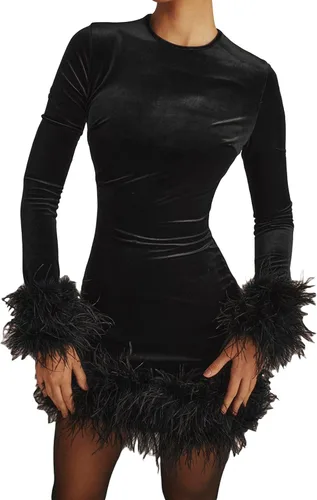 Miniatura 5 de Vestido corto sexy de plumas para mujer, de manga larga, de piel sintética, de corte bajo, Y2K, para cóctel, fiesta
