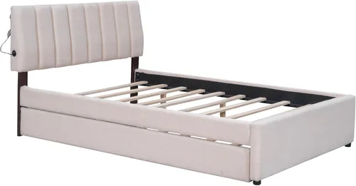 Miniatura 5 de Cama de plataforma tapizada de tamaño matrimonial con nido, cama con plataforma tapizada de vellón de peluche con soporte de listones de madera