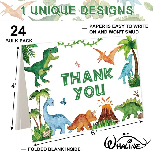 Miniatura 2 de Whaline Paquete de 24 tarjetas de agradecimiento de dinosaurio, tarjetas de felicitación jurásicas verdes con sobres, tarjetas de notas en blanco