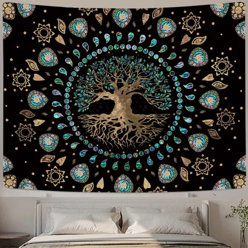 Miniatura 3 de Tapiz de árbol de la vida para dormitorio, tapiz de mandala hippie estético, naturaleza espiritual, tapices de árbol de abulón y dorado, tapiz