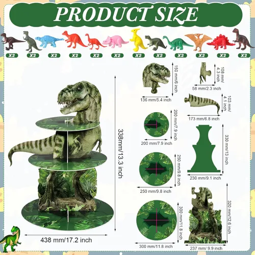 Miniatura 2 de Censen Soporte para cupcakes de dinosaurio de 3 niveles, decoración de fiesta, 24 piezas, figuras de dinosaurio, juguetes para cupcakes, torre
