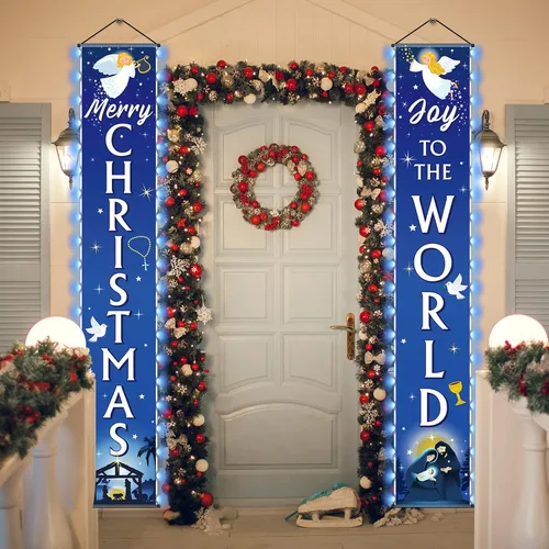 Miniatura 6 de Cartel de Navidad para puerta de Natividad con luces de alegría al mundo, pancarta azul religiosa para colgar en la puerta de la noche de Navidad