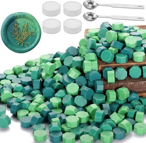 Miniatura 15 de Yoption 300 cuentas de cera octágono con 4 velas y 2 cucharas de fusión para sello de cera (dorado)